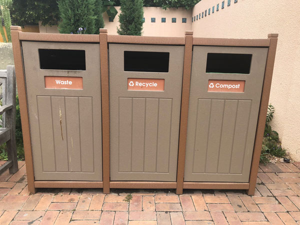 Recycle, compost and waste bins at the Gardens