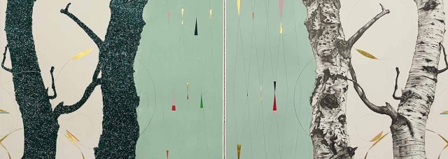 Kiki Gaffney, “Birch - Two Views,” graphite, acrylic, glitter and gold leaf, 2022. 