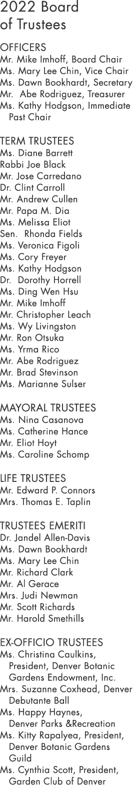 2022 Board of Trustees Officers Mr  Mike Imhoff, Board Chair Ms  Mary Lee Chin, Vice Chair Ms  Dawn Bookhardt, Secret   