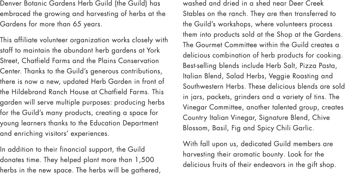 Denver Botanic Gardens Herb Guild (the Guild) has embraced the growing and harvesting of herbs at the Gardens for mor...