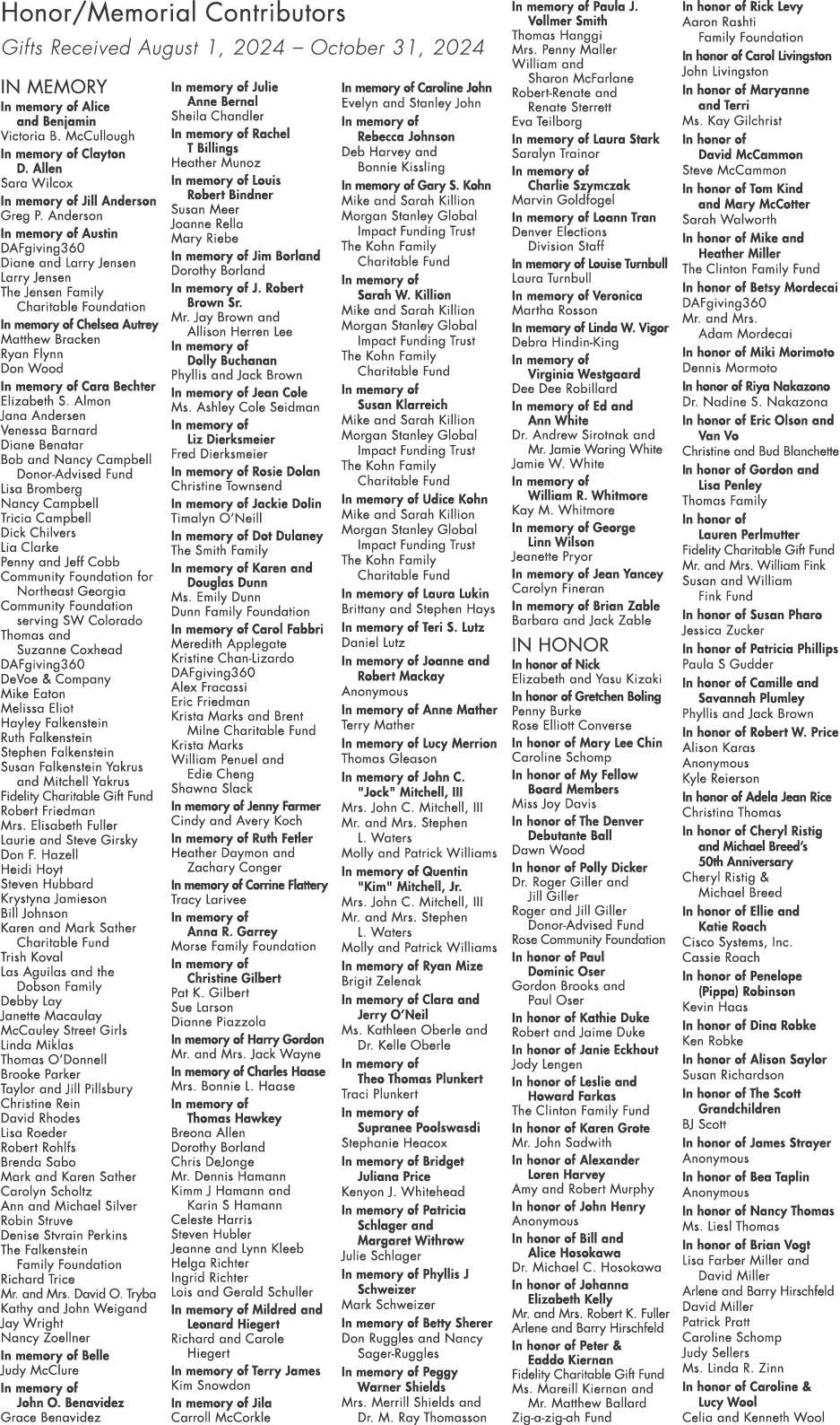 Honor/Memorial Contributors Gifts Received August 1, 2024 – October 31, 2024 IN MEMORY In memory of Alice and Benjami...