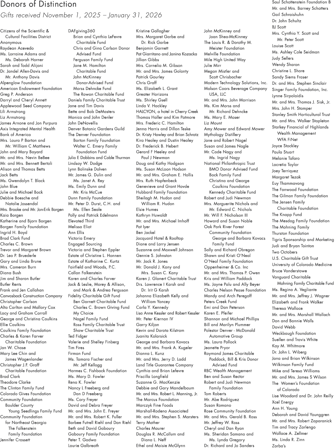 Donors of Distinction Gifts received November 1, 2025 – January 31, 2026 Citizens of the Scientific & Cultural Facili...