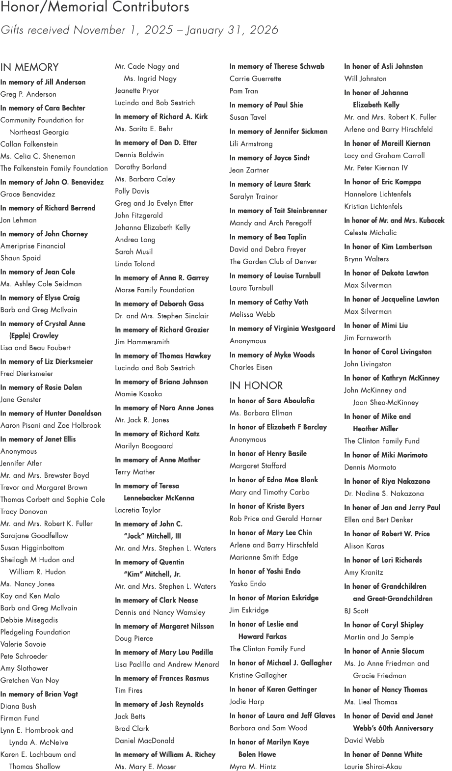 Honor/Memorial Contributors Gifts received November 1, 2025 – January 31, 2026 IN Memory In memory of Jill Anderson G...