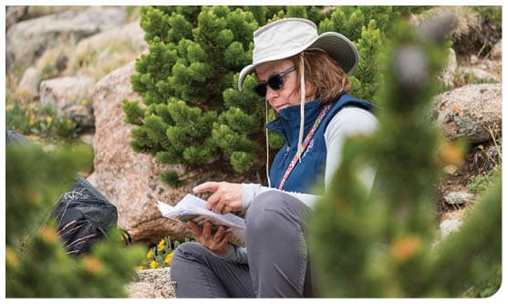 A woman wearing a hat and sunglasses is sitting on a rock, reading a book. AI generated content