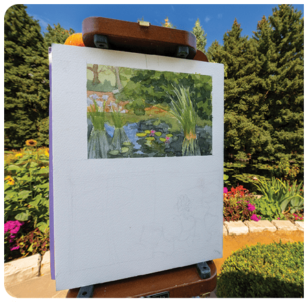 A painting of a garden scene is displayed on a wooden easel. AI generated content