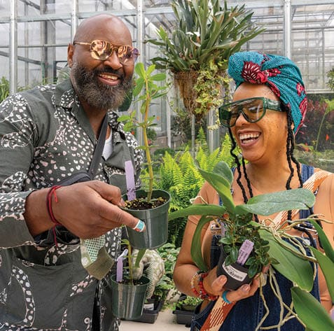 A man and a woman are holding plants in a greenhouse. AI generated content
