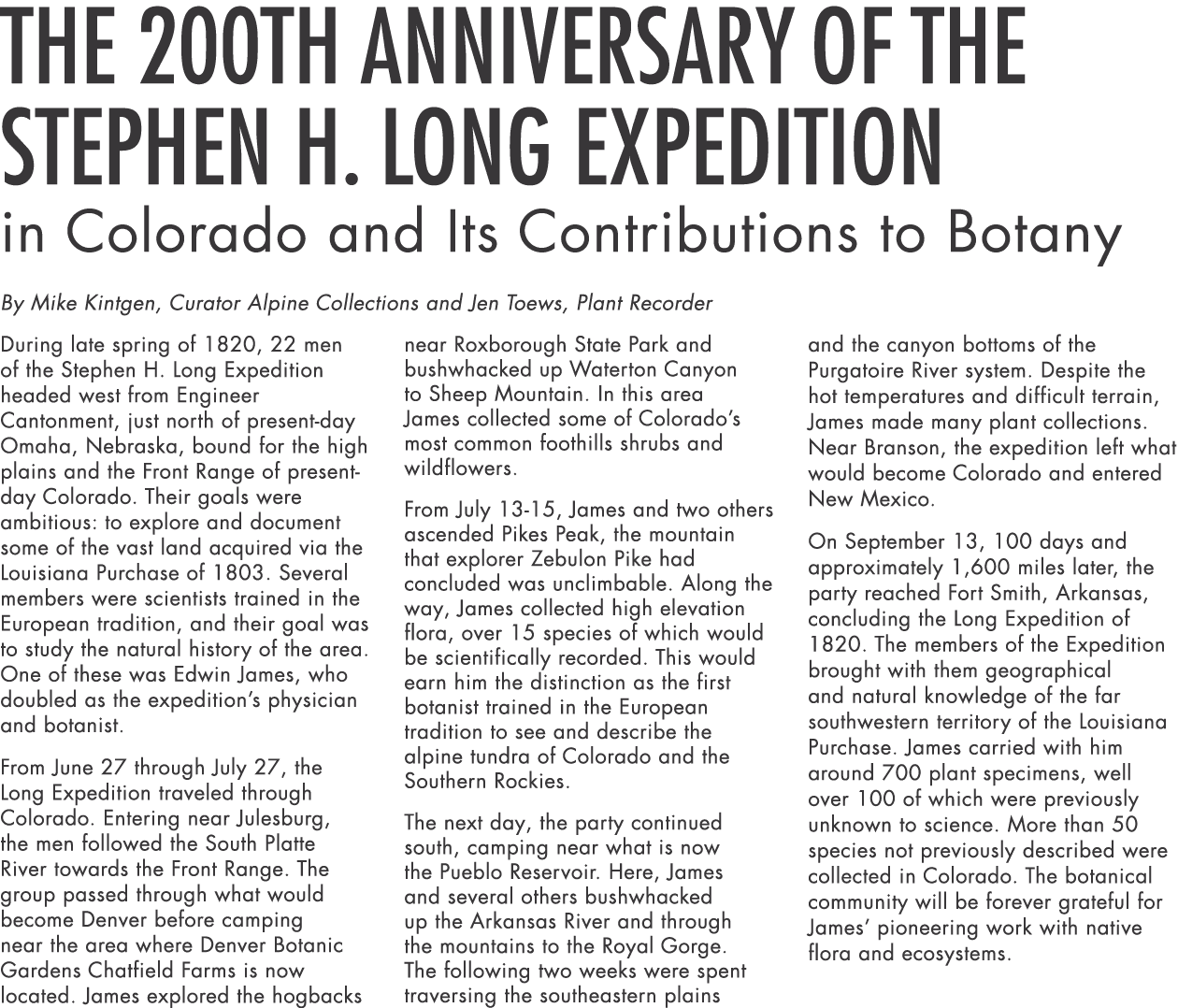The 200th Anniversary of the Stephen H  Long Expedition in Colorado and Its Contributions to Botany By Mike Kintgen,    