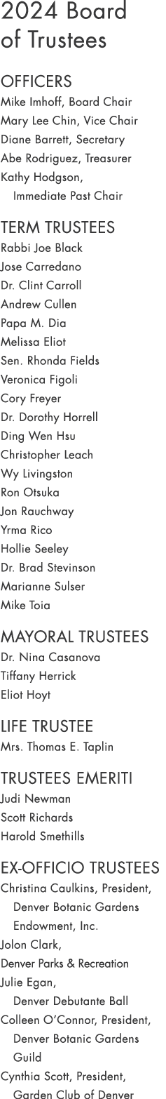 2024 Board of Trustees OFFICERS Mike Imhoff, Board Chair Mary Lee Chin, Vice Chair Diane Barrett, Secretary Abe Rodri...