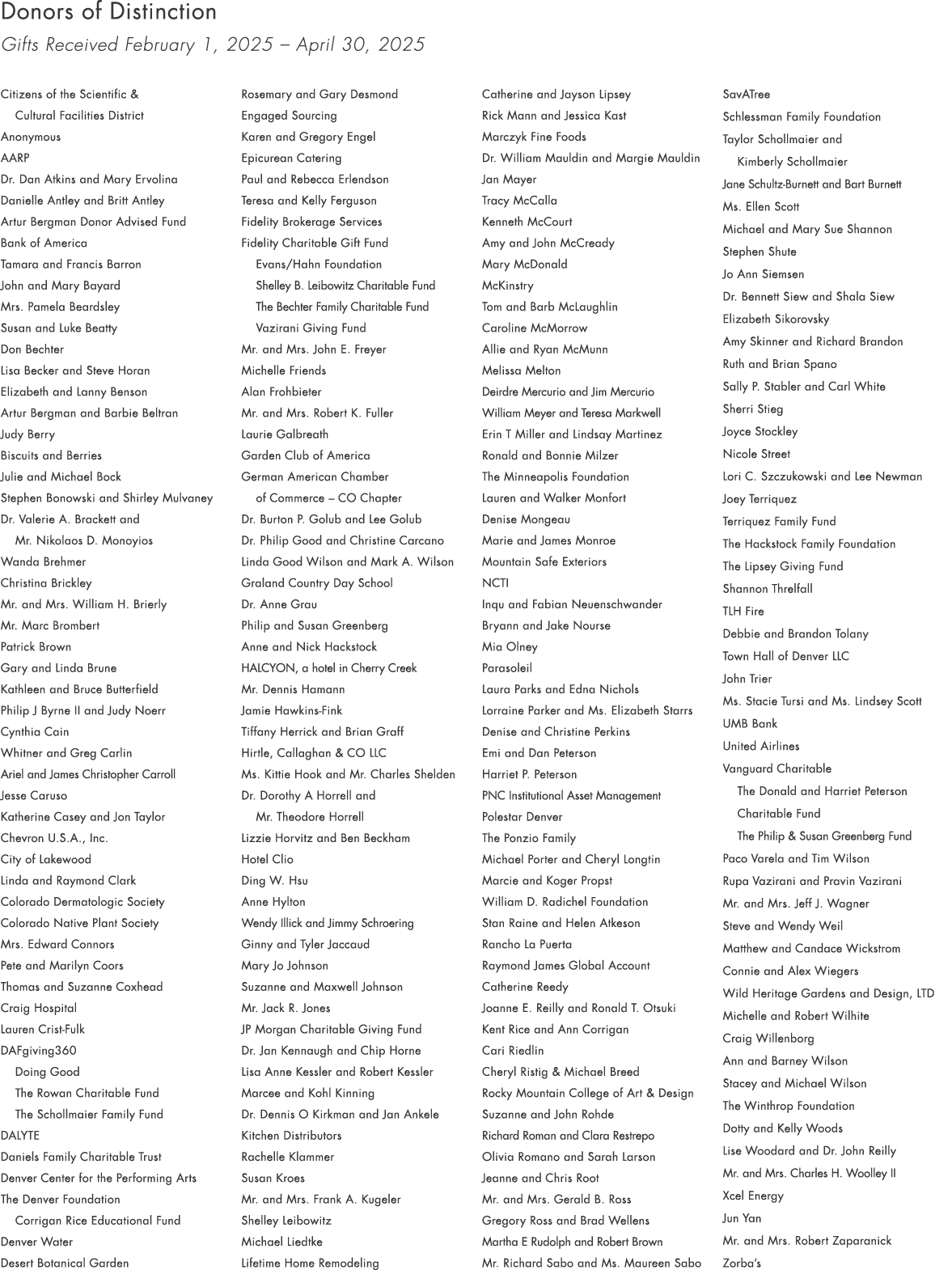 Donors of Distinction Gifts Received February 1, 2025 – April 30, 2025 Citizens of the Scientific & Cultural Faciliti...