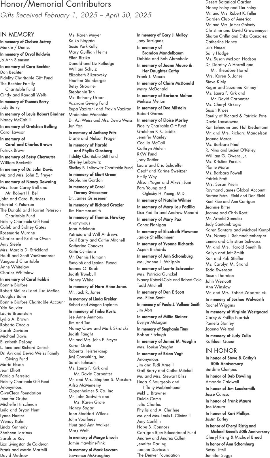 Honor/Memorial Contributors Gifts Received February 1, 2025 – April 30, 2025 IN MEMORY In memory of Chelsea Autrey Me...