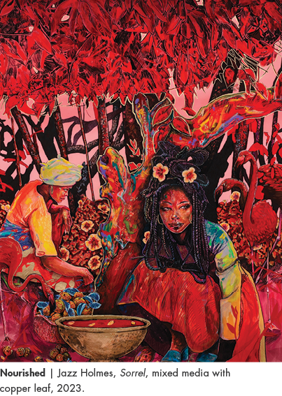 Nourished | Jazz Holmes, Sorrel, mixed media with copper leaf, 2023.