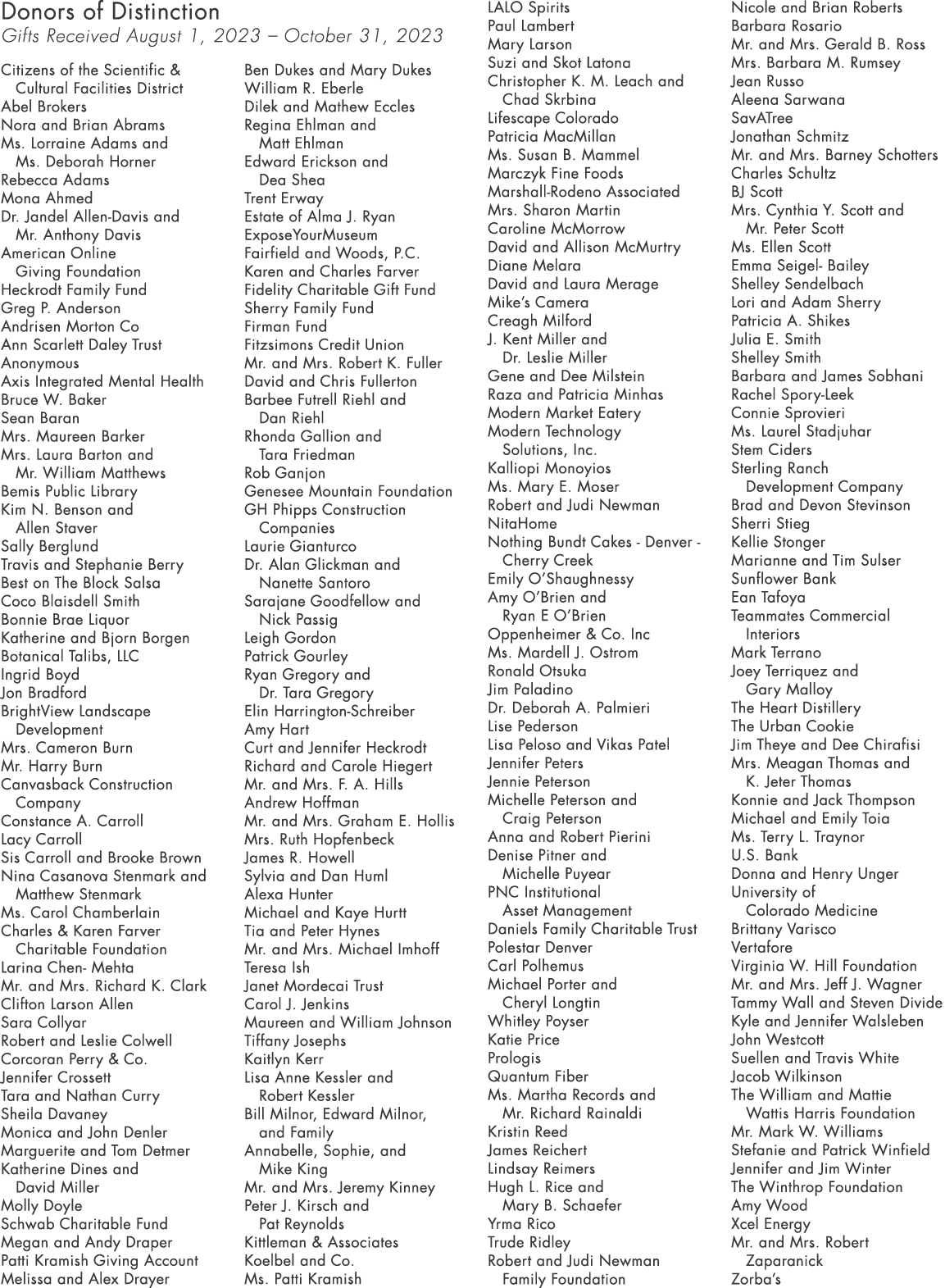 Donors of Distinction Gifts Received August 1, 2023 – October 31, 2023 Citizens of the Scientific & Cultural Faciliti...