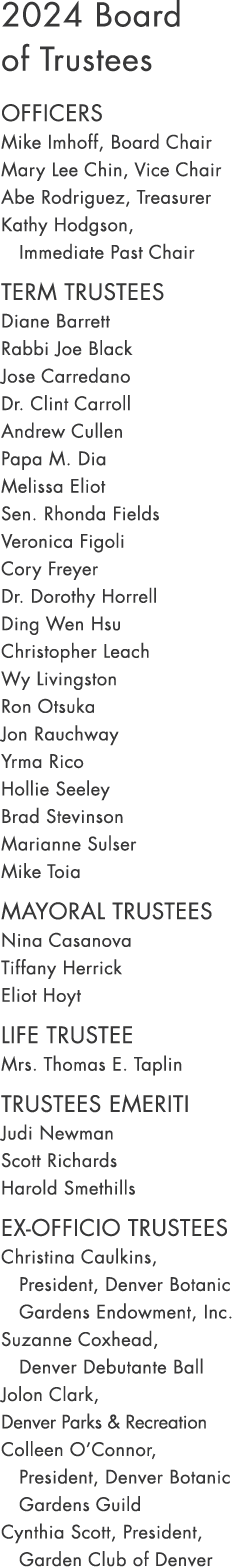 2024 Board of Trustees OFFICERS Mike Imhoff, Board Chair Mary Lee Chin, Vice Chair Abe Rodriguez, Treasurer Kathy Hod...