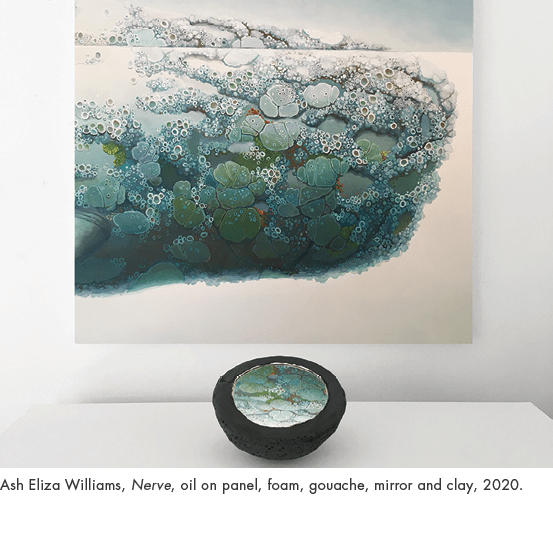 Ash Eliza Williams, Nerve, oil on panel, foam, gouache, mirror and clay, 2020.