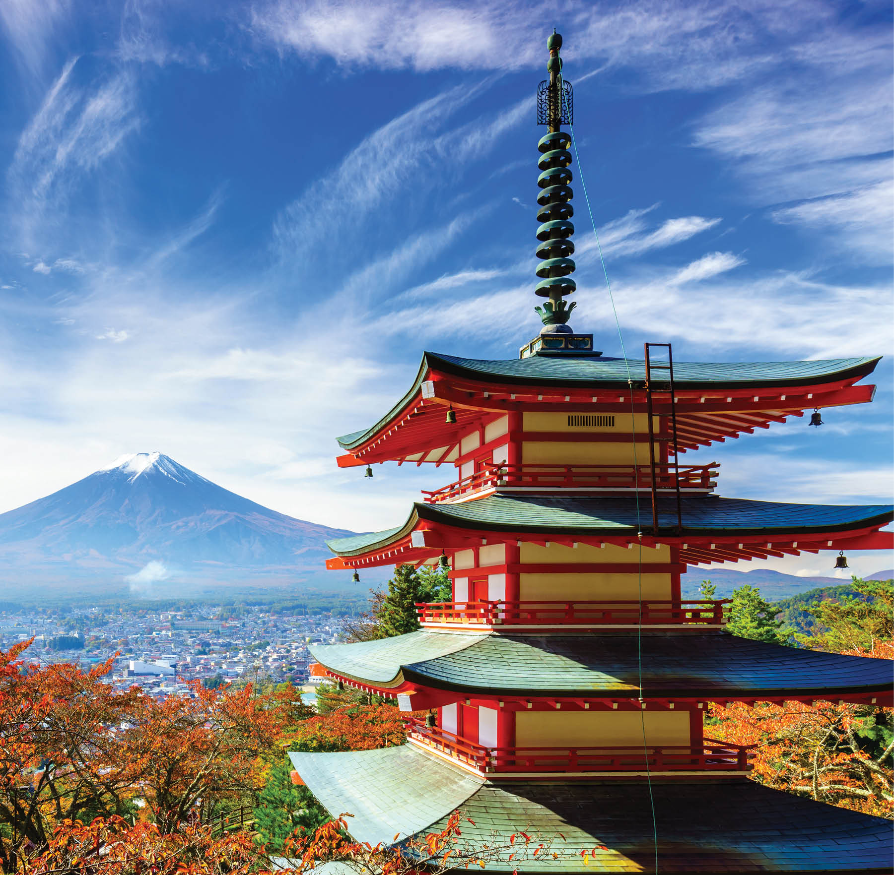 Mt. Fuji with red pagoda in autumn, Fujiyoshida, Japan
