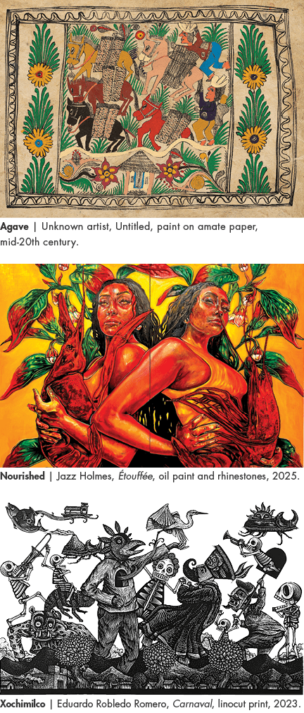 Xochimilco | Eduardo Robledo Romero, Carnaval, linocut print, 2023.,Agave | Unknown artist, Untitled, paint on amate ...