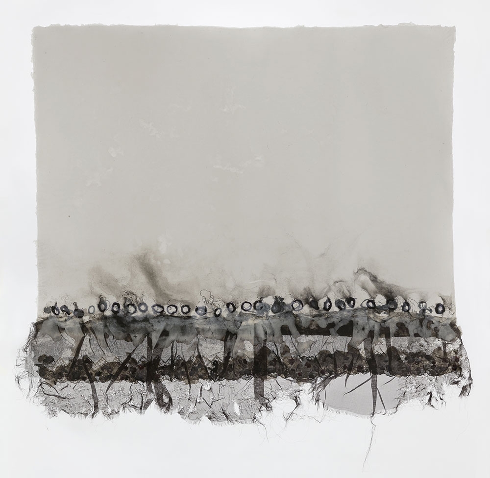 Ursula von Rydingsvard, Untitled, fabric, thread, yarn and pigment on linen handmade paper, 2017, 29.5 x 28.5 inches. Artwork © Ursula von Rydingsvard. Photo by Etienne Frossard, courtesy of Ursula von Rydingsvard Studio, 2017.
