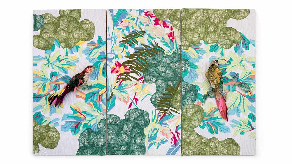 Tamara Kostianovsky, “Becoming Native,” discarded textiles on wood, 2022. Tamara Kostianovsky, “Becoming Native,” discarded textiles on wood, 2022.