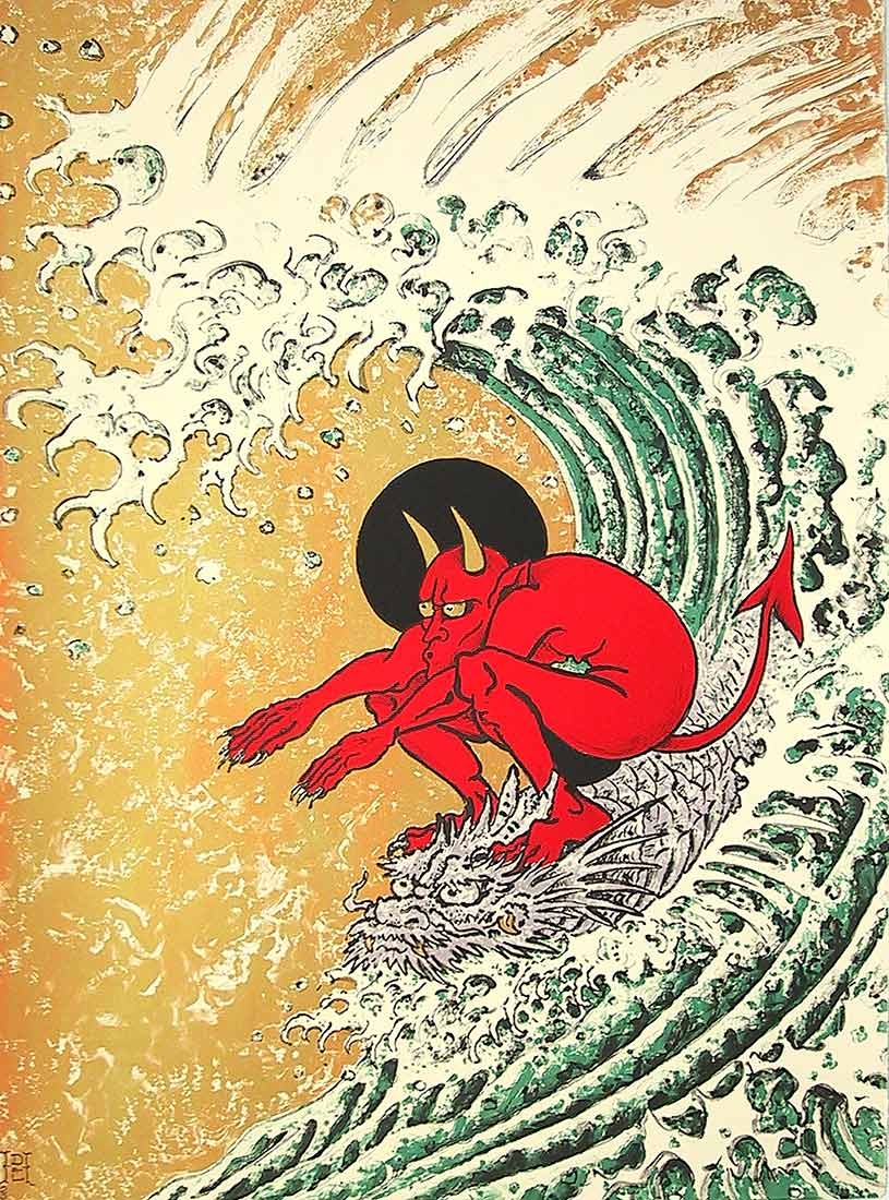 Don Ed Hardy, "Surf or Die," color lithograph, 2004. Photo CU Art Museum © Don Ed Hardy. 