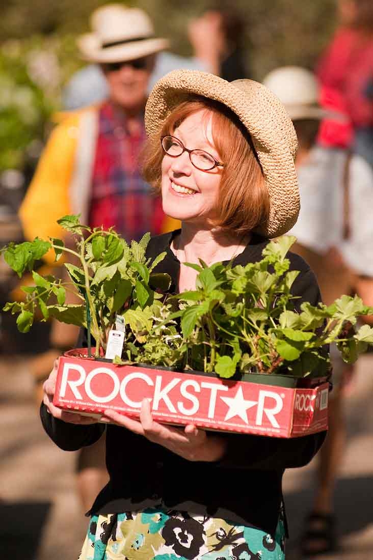 Person holding a box of plants at the Spring Plant Sale. 