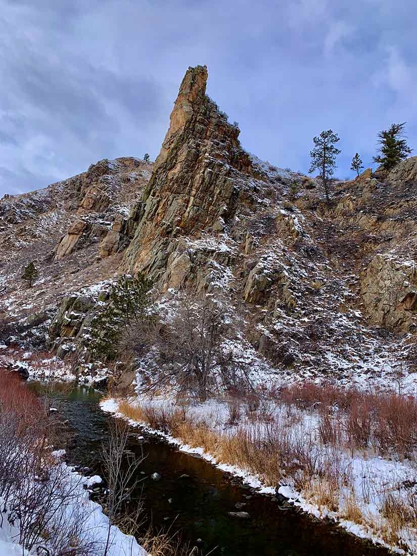 A shattered granitic uplift along the Cache la Poudre River in the Gateway Natural Area in Poudre Canyon A shattered granitic uplift along the Cache la Poudre River in the Gateway Natural Area in Poudre Canyon