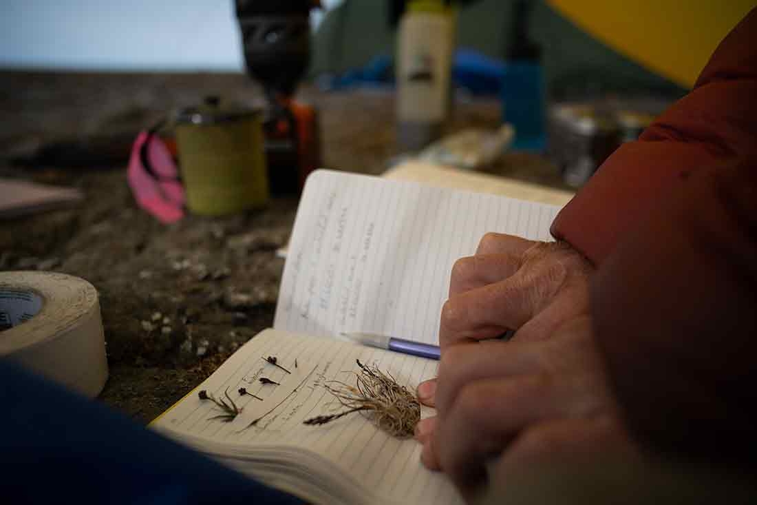 Brian Buma references his notebook as data collection begins on the northern edge of Greenland, 2024. Hands on a notebook while doing data collection
