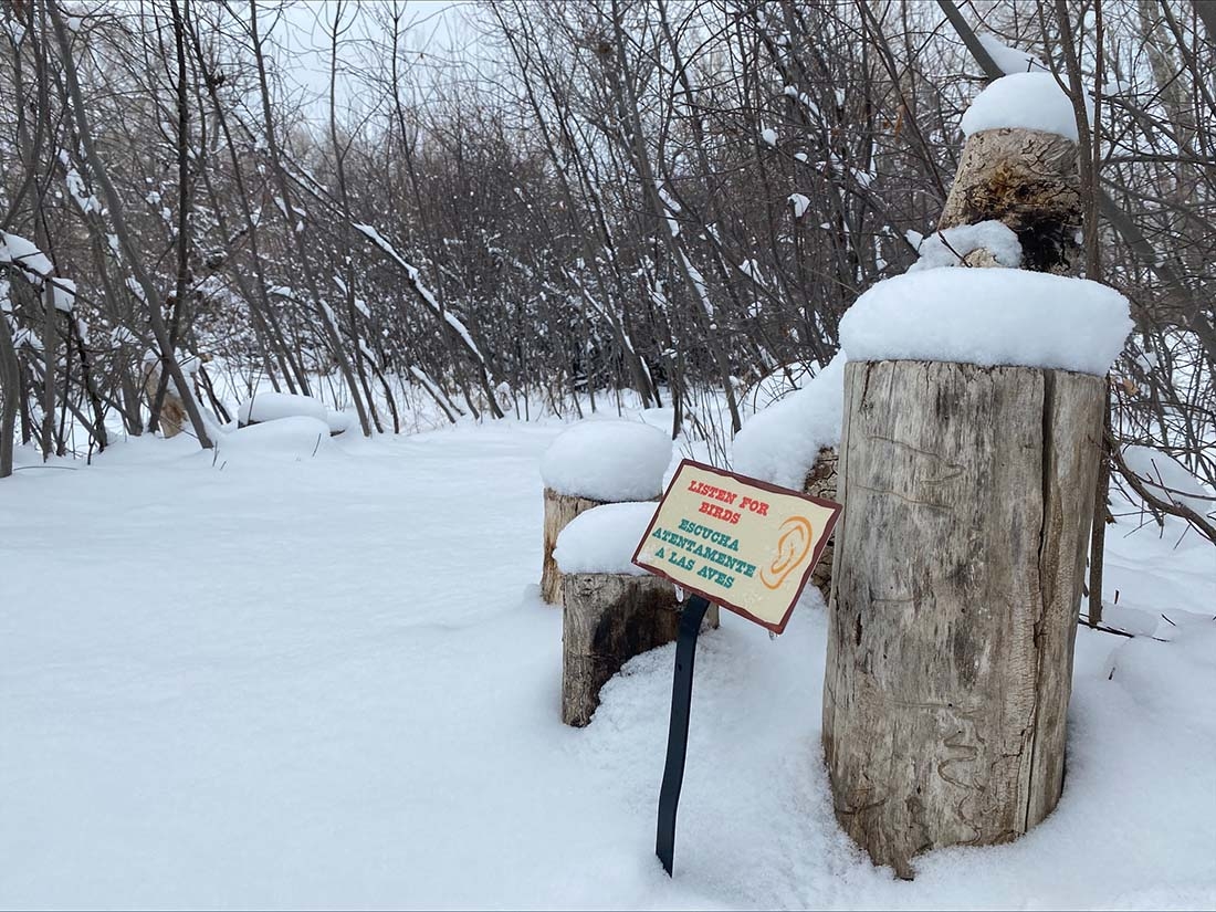 A winter scene with a sign inviting visitors to listen for birds