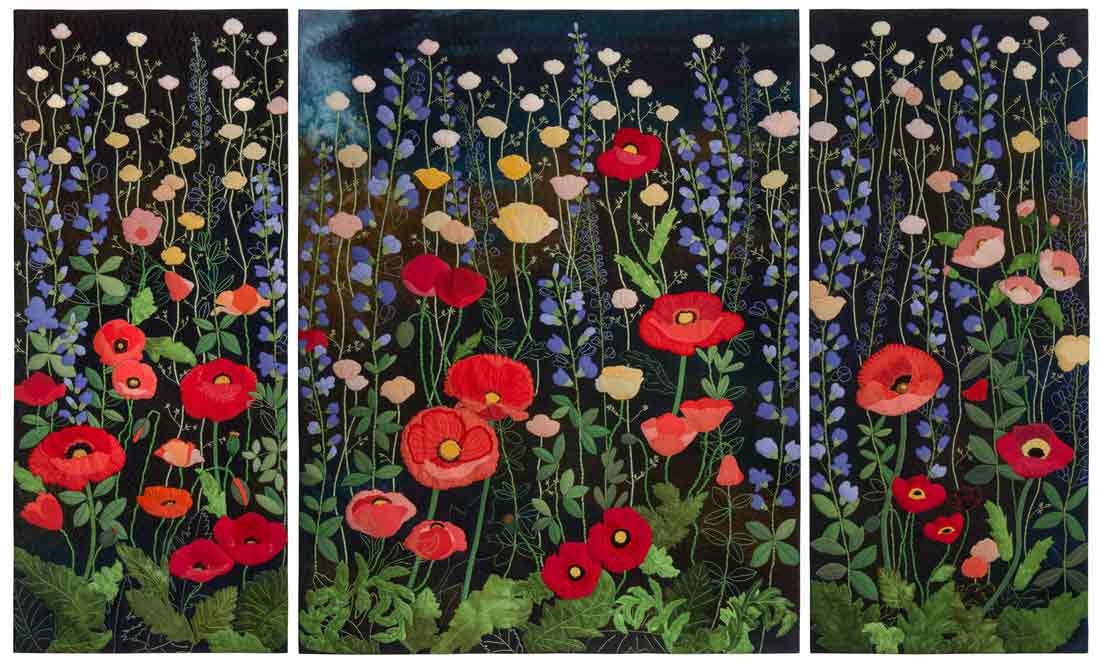 Kathie Kerler, "P is for Poppies and Periwinkle," cotton fabric, polyester fabric, metallic fabric, cotton and polyester batting, dyes and ink pencils, 2020. Red poppies and blue periwinkle
