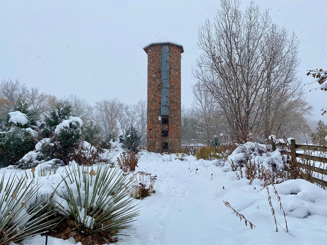 snowy scene with silo
