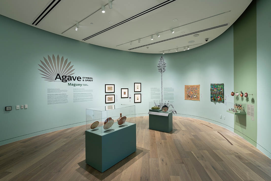 art gallery with display cases and aqua walls