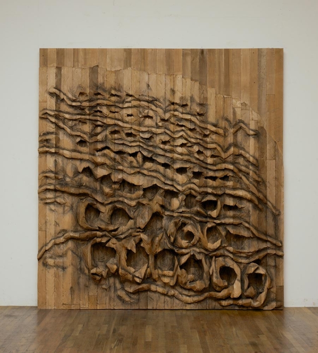 Ursula von Rydingsvard, thread terror, cedar and graphite, 2016, 106 x 101 x 13 inches. Artwork © Ursula von Rydingsvard. Photograph by Jerry L. Thompson, courtesy of Ursula von Rydingsvard and Galerie Lelong & Co., New York. Ursula von Rydingsvard, thread terror, cedar and graphite, 2016, 106 x 101 x 13 inches. Artwork © Ursula von Rydingsvard. Photograph by Jerry L. Thompson, courtesy of Ursula von Rydingsvard and Galerie Lelong & Co., New York.