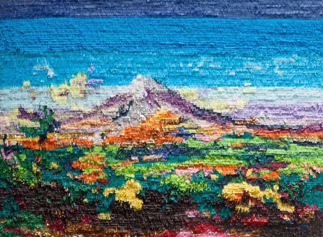 Justin Favela, “Popocatépetl e Iztaccíhuatl vistos desde Atlixco, after José María Velasco,” paper, glue and cardboard, 2015. Photo: Mikayla Whitmore. Justin Favela, “Popocatépetl e Iztaccíhuatl vistos desde Atlixco, after José María Velasco,” paper, glue and cardboard, 2015. Photo: Mikayla Whitmore.