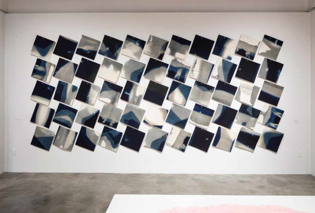 Rowland Rickets, “Drawings,” indigo-dyed wool felt, 2016-2019. Installation at the Museum of Craft and Design. Photo: Henrik Kam. Rowland Rickets, “Drawings,” indigo-dyed wool felt, 2016-2019. Installation at the Museum of Craft and Design. Photo: Henrik Kam.