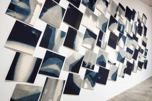 Rowland Ricketts, “Drawings” (detail), indigo-dyed wool felt, 2016-2019. Installation at the Museum of Craft and Design. Photo: Henrik Kam. Rowland Ricketts, “Drawings” (detail), indigo-dyed wool felt, 2016-2019. Installation at the Museum of Craft and Design. Photo: Henrik Kam.