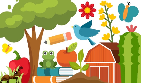 Colorful drawing of a tree, bugs, flowers, plants, a barn and more. 