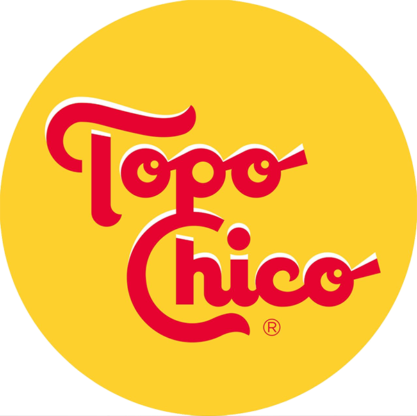 Topo Chico logo with red words and yellow background