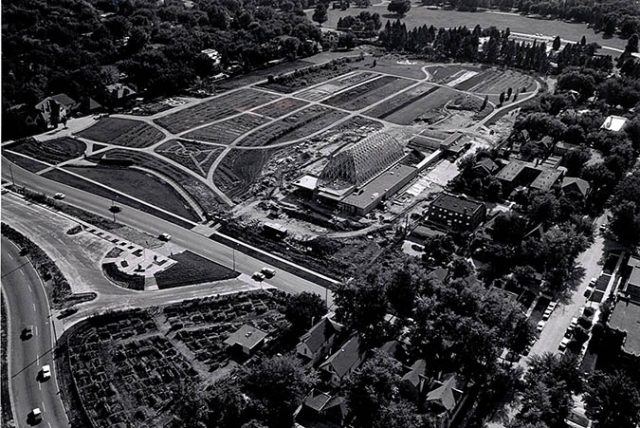 black and white aerial view of Denver Botanic Gardens, 1960s