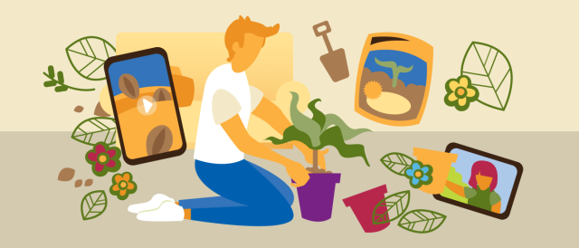 Illustration of person gardening using digital tools to help
