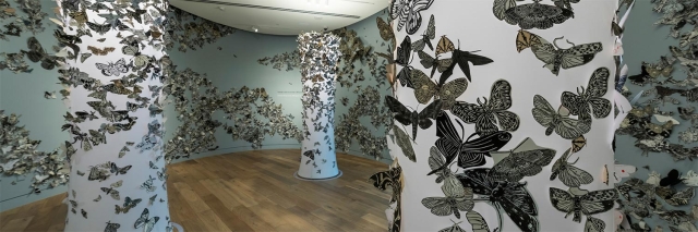  Hilary Lorenz, Moth Migration Project (detail), prints on cut paper, 2022. Installed at Denver Botanic Gardens, Denver, CO. © Hilary Lorenz.