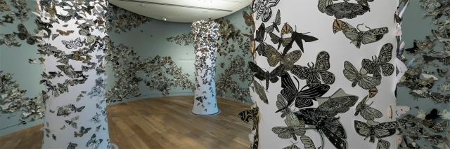  Hilary Lorenz, Moth Migration Project (detail), prints on cut paper, 2022. Installed at Denver Botanic Gardens, Denver, CO. © Hilary Lorenz.