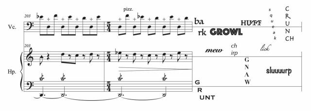 Jessi Harvey, score sheet for “Lemur Meets Panda”, 2020, composition for cello and harp. 