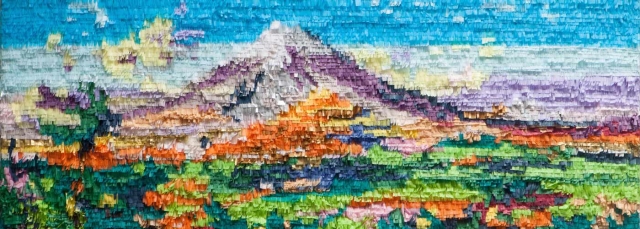 Justin Favela, “Popocatépetl e Iztaccíhuatl vistos desde Atlixco, after José María Velasco,” paper, glue and cardboard, 2015. Photo: Mikayla Whitmore.