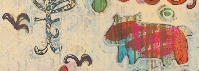 Melanie Yazzie, “Two Sisters” (detail), acrylic and mixed media. Melanie Yazzie, “Two Sisters” (detail), acrylic and mixed media.