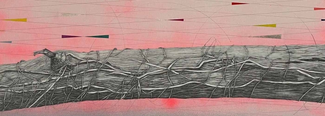 Kiki Gaffney, “Vestige” (detail), acrylic, graphite, colored pencil and gold leaf, 2022.