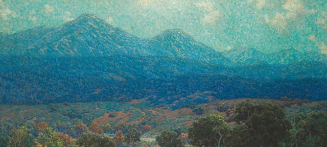 Oil painting of field of orange poppies, trees and plants in the foreground, blue mountains in the background