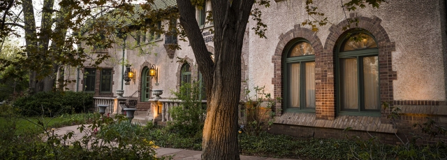 Waring House mansion at dusk