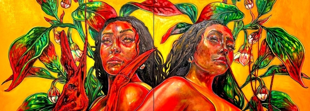 Jazz Holmes, "Étouffée," oil paint and rhinestones, 2025.