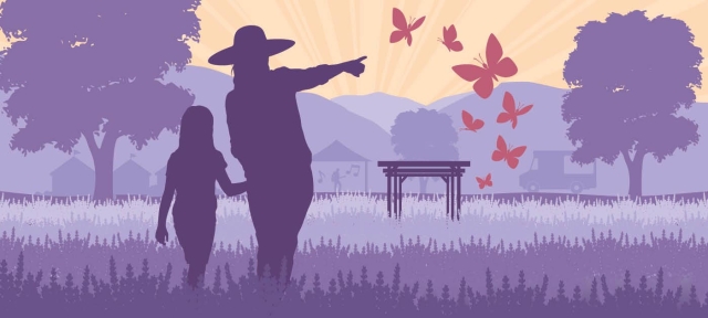 Illustration of a person holding the hand of a child, looking out at butterflies, with a lavender field, a pergola, food truck, tents and trees in the distance.